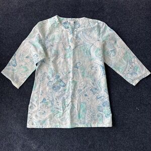Pendleton Shirt Womens Medium Blue Green Paisley 3/4 Sleeve Split Neck Tunic